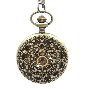 

Bronze Tone Painting Hollow Case Mens Hand Wind Roman Number Dial Mechanical Pocket Watch W/Chain Half Hunter Watch FOB