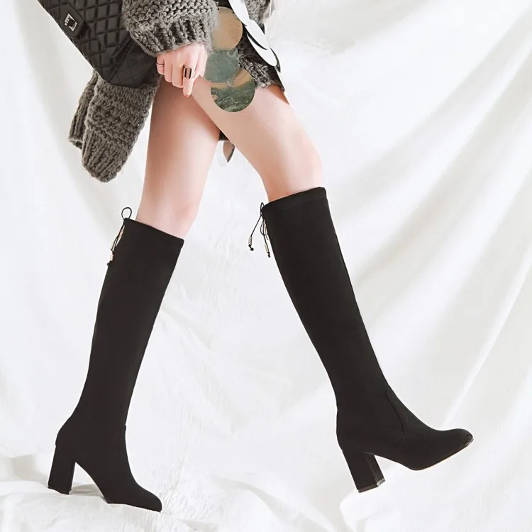

Big Size 11 12 13 14 15 16 17 Tie-straps at the back of pointed and thick-heeled boots for skinny women