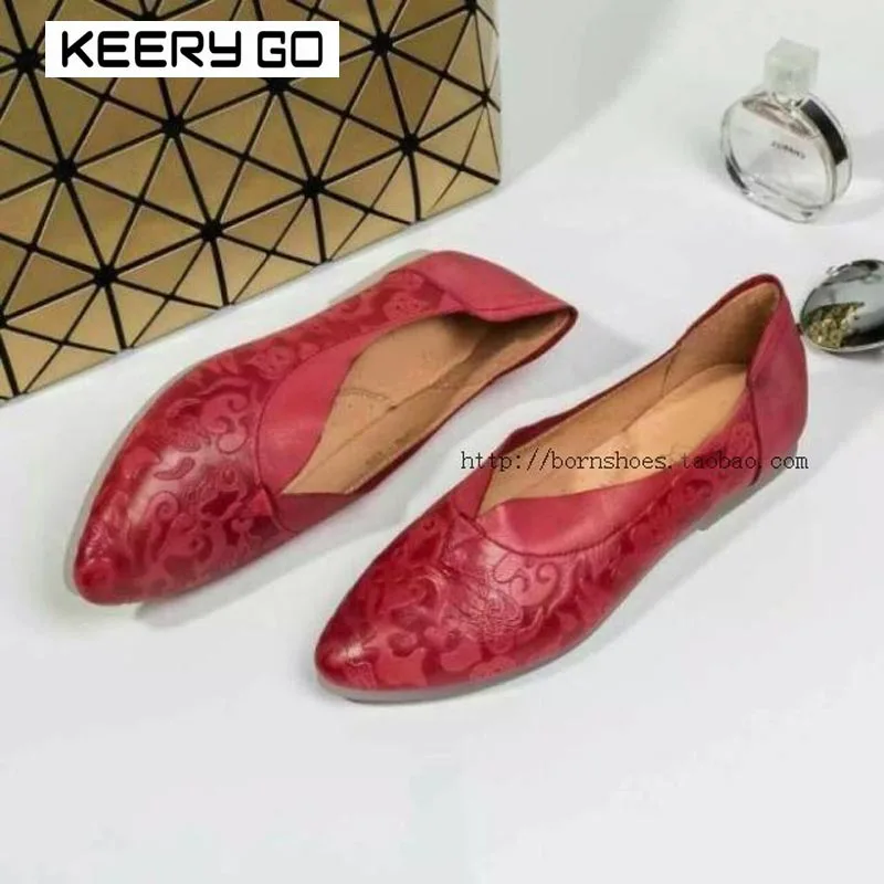 Embossed Sheepskin Flat Bottom Shoes Full Leather Intellectuality Elegant Fashion All Match 35 40