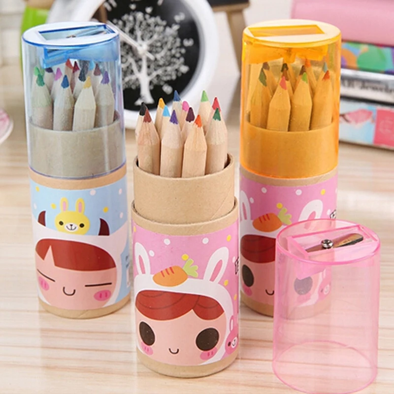 2Barrels/ 24pcs/Lot Stationery Child Mini 12 Color Pencil Cute Wooden