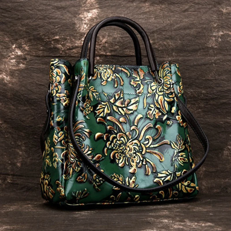 

Natural Skin Embossed Messenger Shoulder Cross Body Handbag Tote Bags Floral High Quality Genuine Leather Women Top Handle Bag