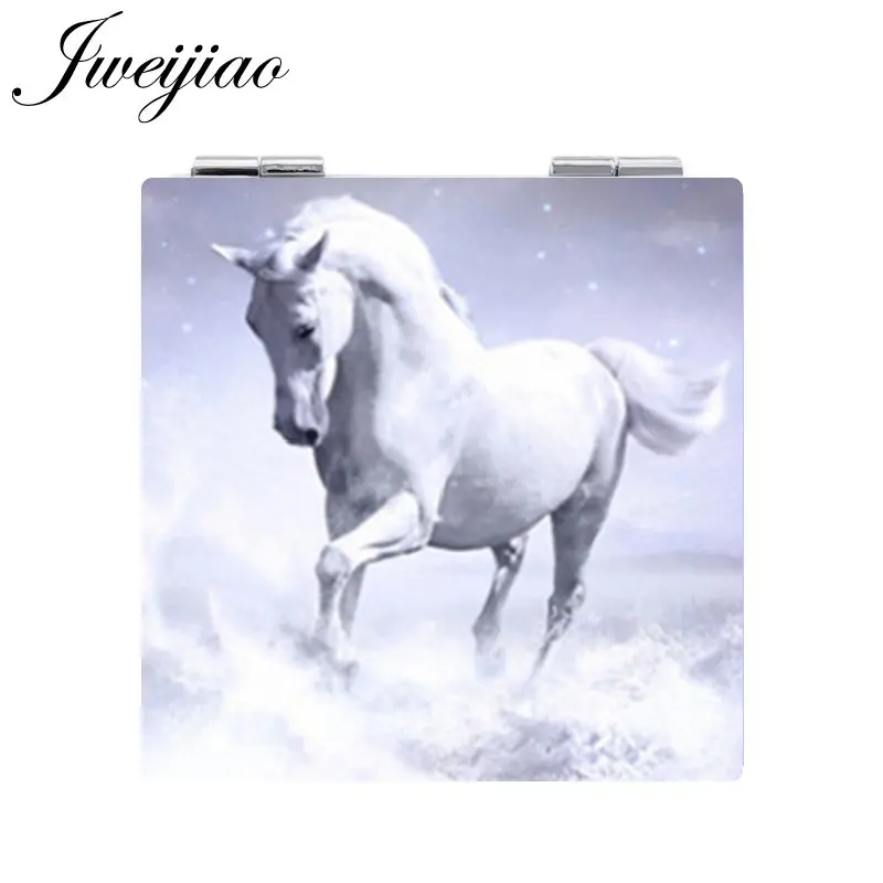 

JWEIJIAO White Horse Unicorn Square shaped 1X/2X Magnifying Folding Mini Pocket Mirror Art PU Leather espejo Makeup Mirrors