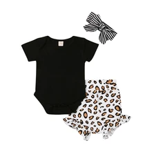 Комплекты летней одежды для новорожденных девочек одежда с леопардовым принтом верхний комбинезон, шорты, штаны повязка на голову, комплект из 3 предметов для маленьких девочек