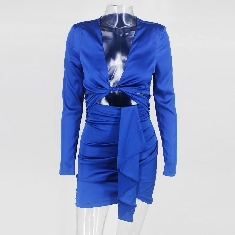 Tobinoone элегантное вечернее платье с глубоким v-образным вырезом и поясом с высокой талией женское платье осень-зима с длинным рукавом обтягивающие соблазнительные платья для женщин - Цвет: Синий