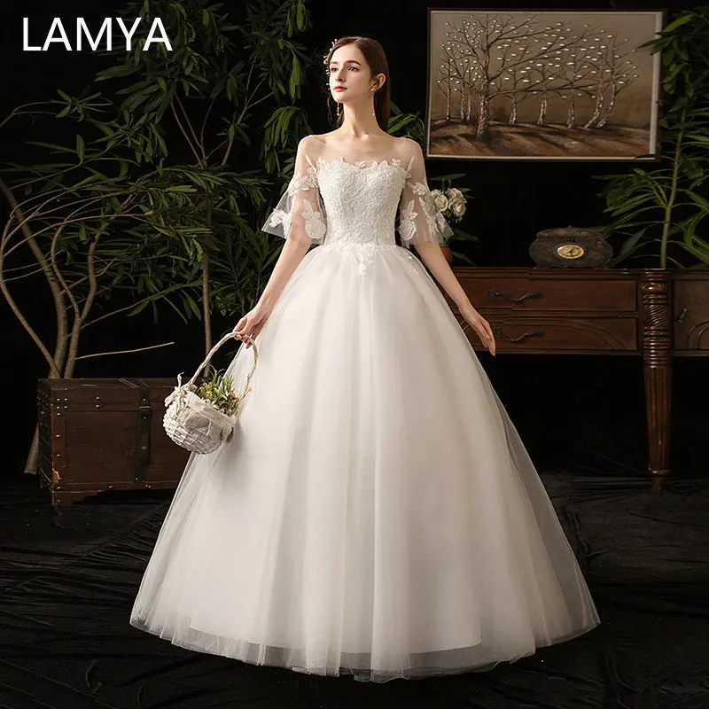 

LAMYA Lace Appliques Flare Sleeve Ball Gowm Wedding Dress Simple Lace Up Bridal Gown Plus Size Cheap Vestido De Noiva