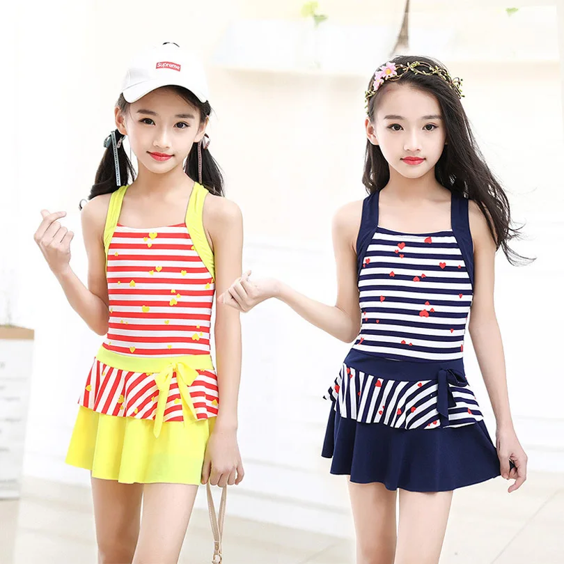 Günstig Sommer Kinder Hohe Taille Bikini Set Bademode Baby Mädchen Cartoon Biquini Badeanzug Kinder Ein Stück Badeanzug Gestreiften Schwimmen Kleid