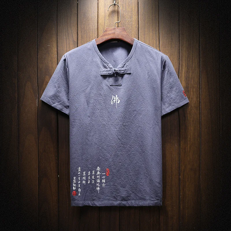 

Men's Cotton and Hemp T-shirt 18 Summer New Men's Japanese Flax Short Sleeve Thin T-shirt Men's Chinese Wind Buddha Embroidery