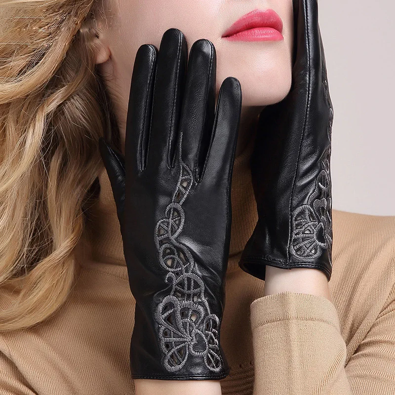 Leather Gloves Female Touchscreen Genuine Leather Gloves Five Fingers Sheepskin Women's Thin Mittens Openwork Embroidery MLZ091