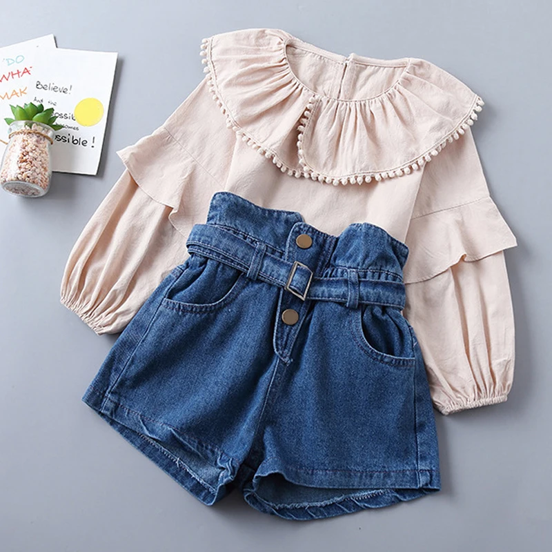 Sodawn/комплект модной одежды для девочек, новинка года, весенне-осенняя однотонная плиссированная рубашка+ джинсы комплект из 2 предметов, одежда для маленьких девочек