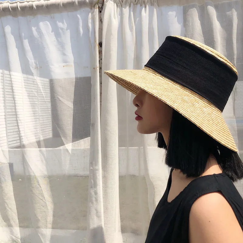 

[La MaxPa] Handmade Wheat Straw Hat Wide Brim Nature Straw Sun Big Black Ribbon Women Summer Beach Boater Hats