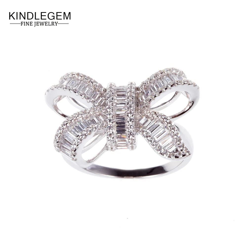 

Kindelgem Fine Pure 925 Sterling Silver Statement Ring Sparkling Bow Rings Luxury Party Jewelry For Women Fashion Accessories