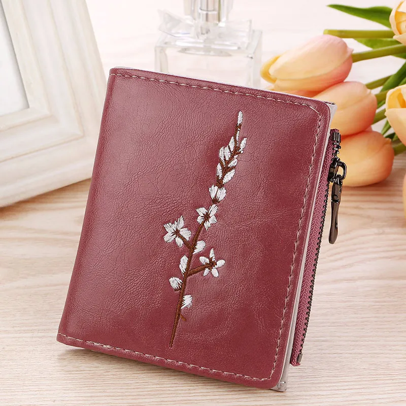 

New Arrival Vintage Embroidery Flowers Lady PU Coin Purse Money Bag Small Wallets Fashion Women Female Hasp Zipper Short Wallet