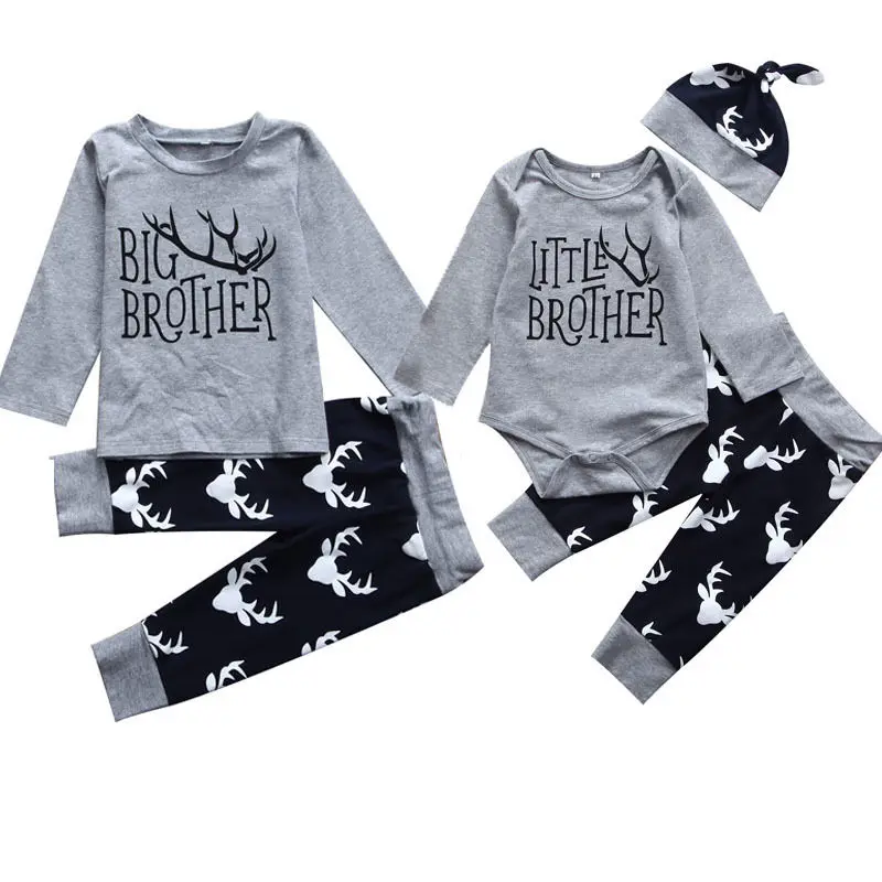 

2017 Autumn Brothers Match Clothes Little Brother Romper Big Brother T-shirt Tops+Deer Long Pant Hat Family Match Clothing