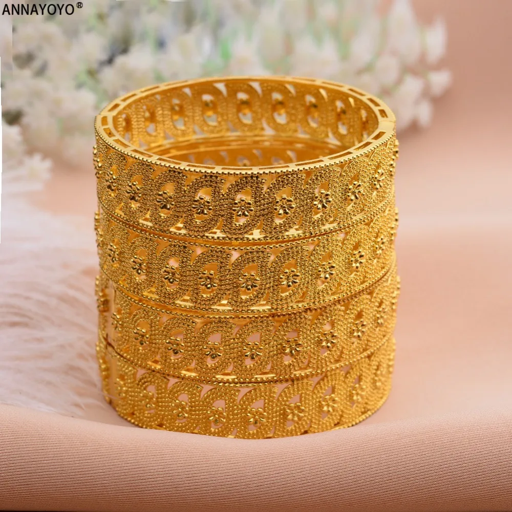 Annayoyo Middle East Arab Dubai Bangle Bracelet for Women African Gold Color Jewelry Trendy Gifts(4PCS/LOT