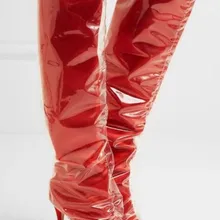 Модные женские красные сапоги до колена, женские сапоги на тонком каблуке, красные кожаные сапоги, женская обувь из ПВХ с острым носком, каблук 10 см