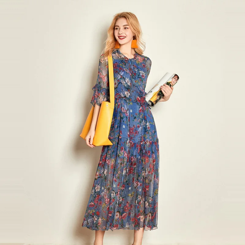 CKOUCCOO богемный стиль цветочный принт снаружи натуральный шелк платье новое летнее платье Элегантное высококачественное ТРАПЕЦИЕВИДНОЕ длинное платье