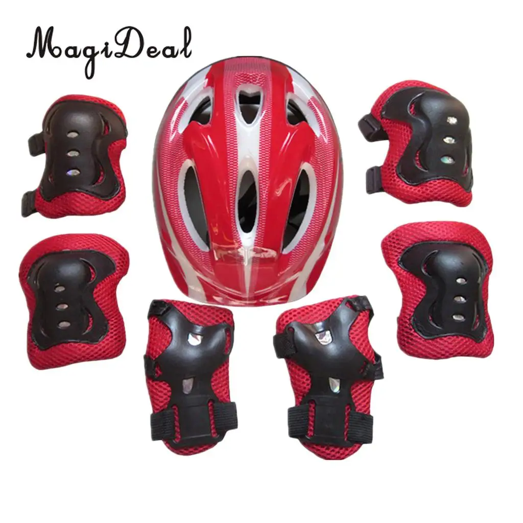 MagiDeal 7 Pieces Kids Safety Roller Skating Helmet Knee Elbow Wrist Pads Set for Bicycle Cycling Skateboarding Protective Gear