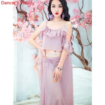 

Belly Dance Practice Clothes New Flouncing Top Skirt Pink 2 pcs Set Oriental Indian Dancing Beginners Summer Performance Oufits
