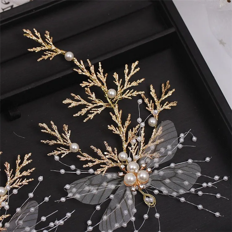  Handmade Gold Crystal Pearl Butterfly Hair Pin Clips Bride Leaf Hair Sticks Rhinestone Veil Tiara C