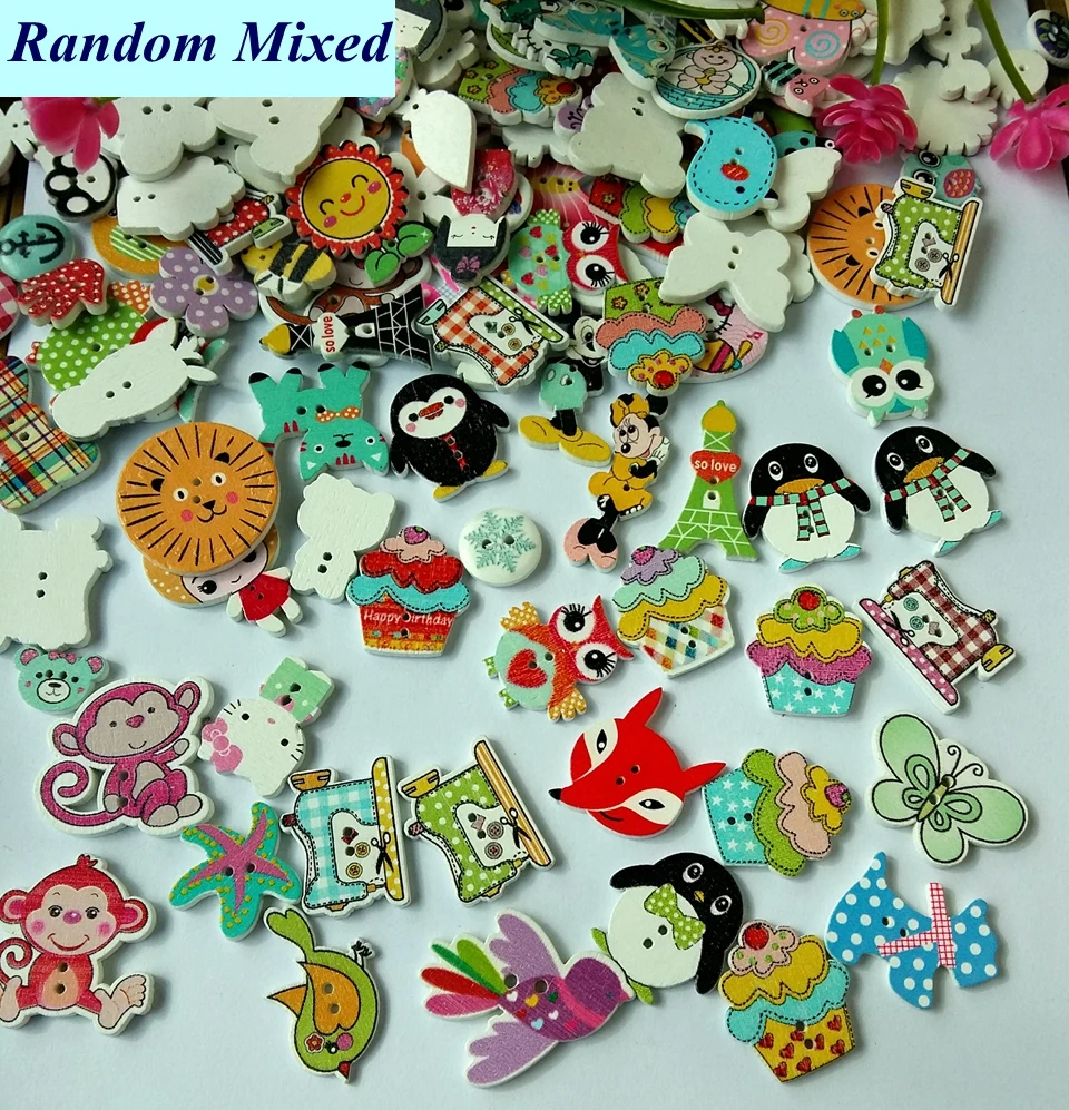 

200pcs/lot Random Mixed new Pattern 2 Holes Wooden Buttons Painting Sewing Buttons 15-38mm Flatback Scrapbooking botoes