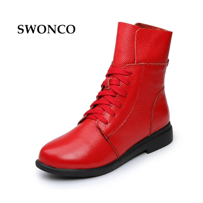 SWONCO Women's Ankle Boots 2018 Autumn Winter Genuine Leather High Top Laides Shoes Winter Boots Women Leather Shoes Ankle Boot Women's Shoes