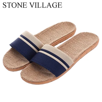 

STONE VILLAGE Cotton And Linen Home Slippers Wooden Floor Non-Slip Indoor Shoes Muted Striped Cool Men Women Slippers