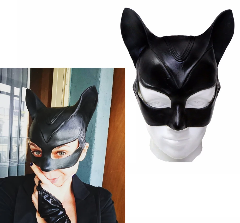 Черный маска женщина кошка Бэтмен Косплэй Опора взрослых Superhero мягкий латекс Половина лица наушники