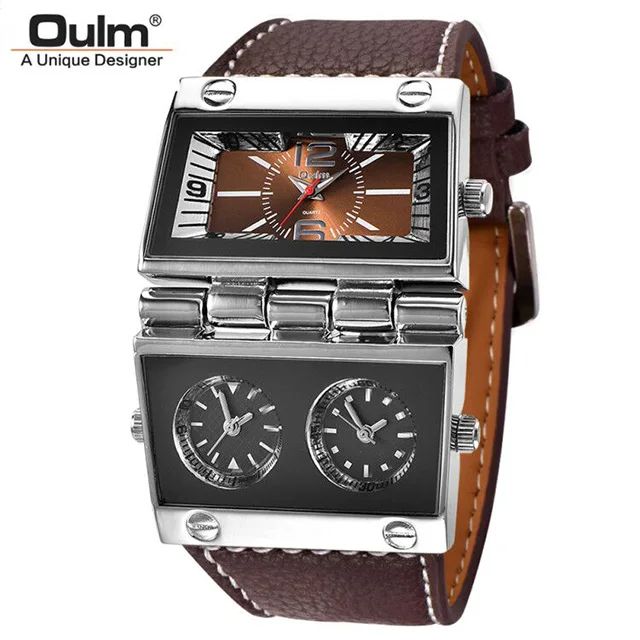 Новые мужские спортивные часы с двойным дисплеем Oulm, мужские часы, большие размеры, модные уличные часы, кожаные кварцевые часы, Relogio Masculino - Цвет: Brown