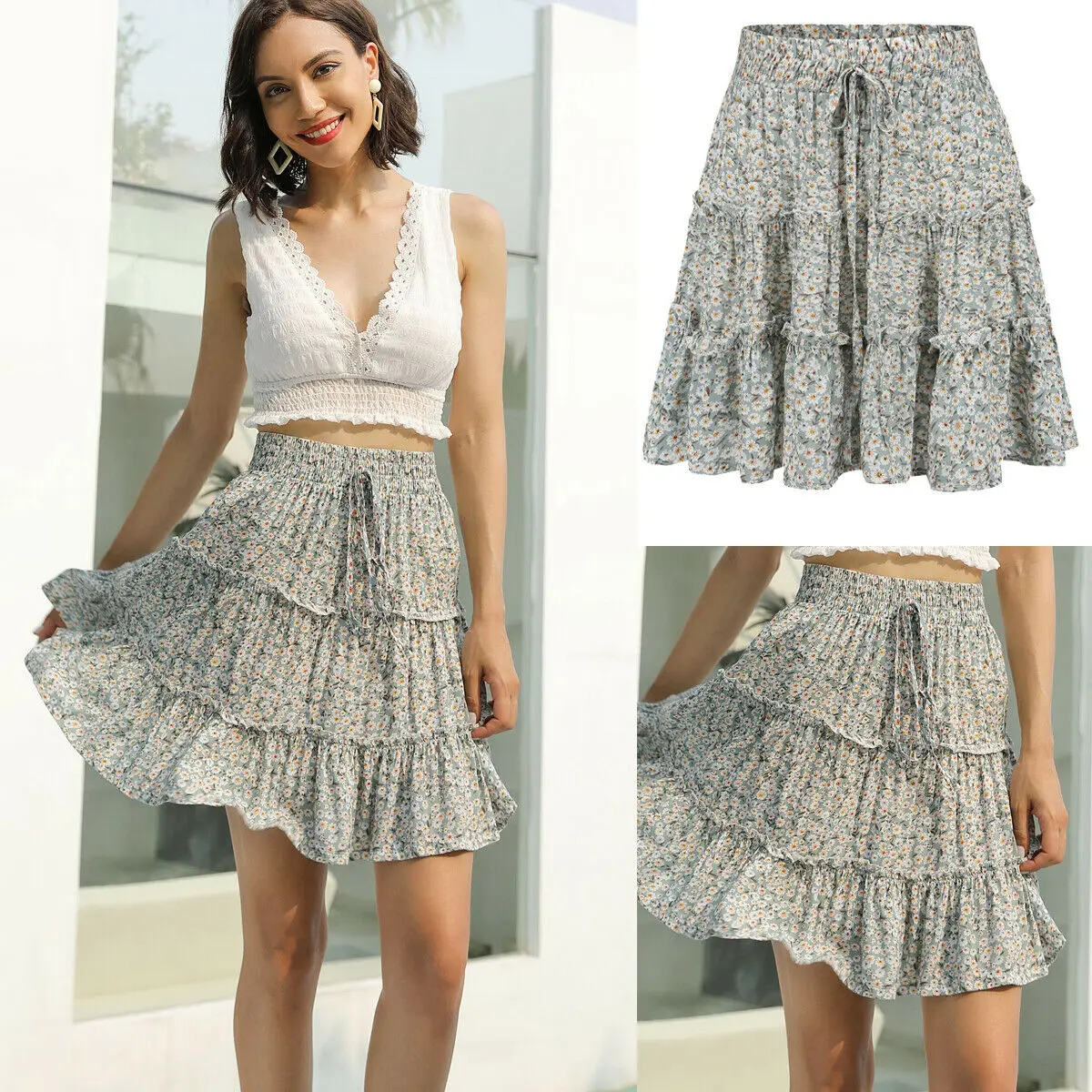 

Boho Floral Print Pleated Skirt Women 2019 Chiffon Ruffle Summer Beach Girls Casual Skirt