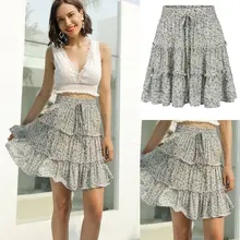 Boho Floral Print Pleated Skirt Women 2019 Chiffon Ruffle Summer Beach Girls Casual Skirt Boho Floral Print Pleated Skirt Women 2019 Chiffon Ruffle Summer Beach Girls Casual Skirt