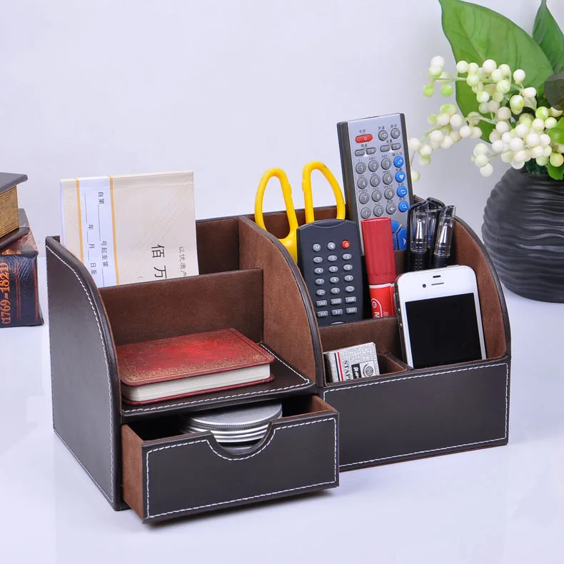 Multifunctional Wooden Leather Office Desk Stationery Pen Pencil Holder