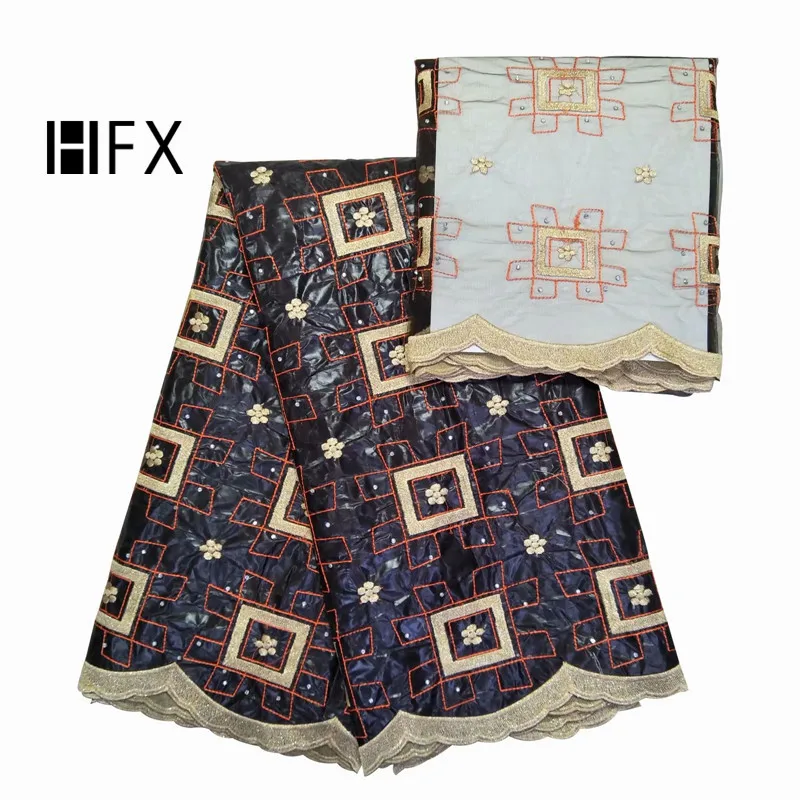 

HFX Black/Gold Embroidered Nigeria Cotton Lace 2019 African Wedding Fabric 7 Yards High Quality Bazin Riche Getzner L287