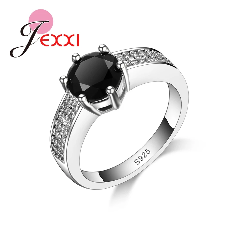 High Quality Size 7 8 9 Black Crystal Women Elegant Rings 925 Sterling