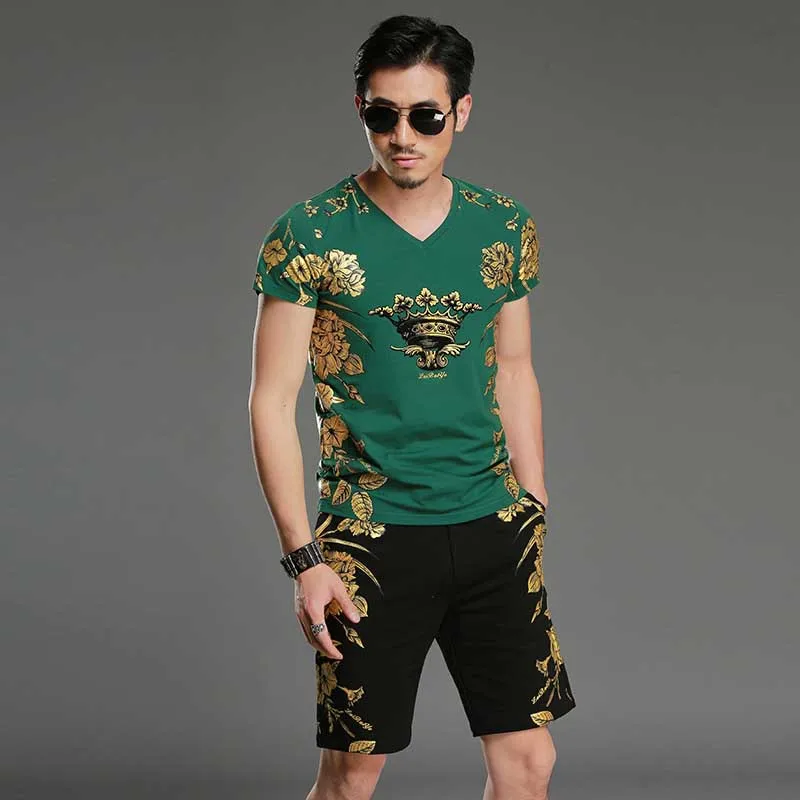 Summer Short Sets Tshirt with Short 2PCS Set Floral Printed Tracksuit Men Casual T Shirt Short SLeeve Sweat Suits Male Clothing