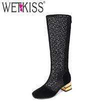 WETKISS/летние женские сапоги до колена на высоком каблуке; модная женская обувь с квадратным носком; обувь на молнии с металлическим украшением на квадратном каблуке