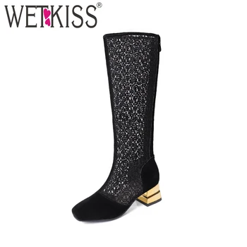 

WETKISS High Heels Knee High Summer Women Boots Fashion Square Toe Ladies Shoes Metal Decoration Square Heels Zipper Footwear