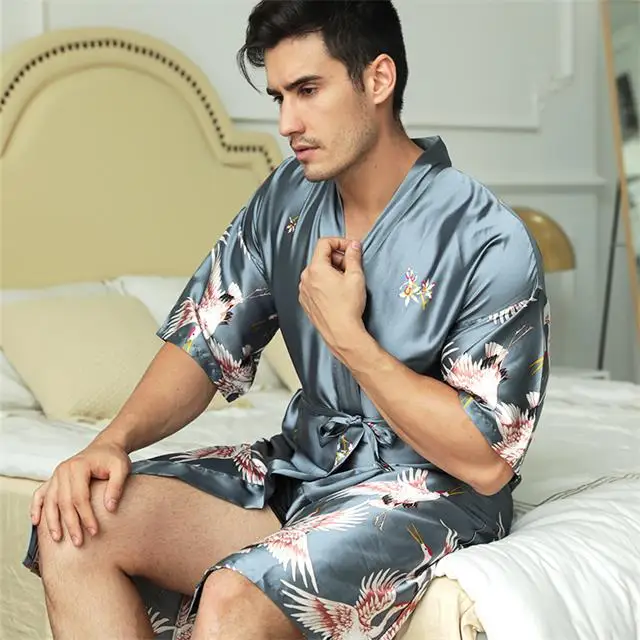 red silk pajamas Black Chinese Men Silk Rayon Robe Summer Casual Wedding Best Man Sleepwear V-Neck Kimono Yukata Bath Gown Plus Size XXXL pink silk pajamas Men's Sleep & Lounge