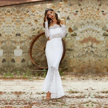

Elegant White Maxi Mermaid Celebrity Party Dress 2018 New Women Fashion Slash Neck Long Sleeve Summer Bandage Dresses Vestidos