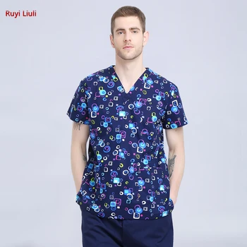 

Surgical suit printed V collar pet doctor hand wash clothes brush hand clothes beauty hospital uniform-Ruyi Liuli