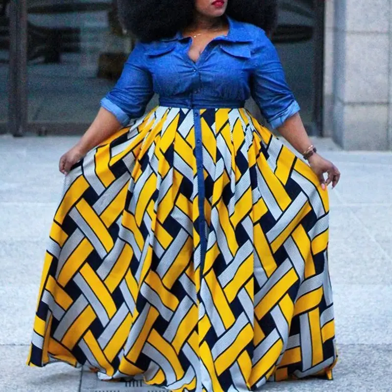 

African Robe Fashion Plus Size Maxi Dress Women Long Sleeve Color Block Yellow Split Sexy Spring Autumn High Waist Shirt Dresses