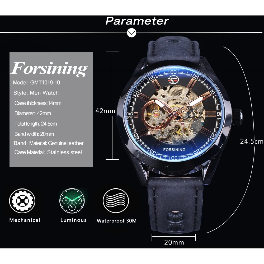 Мужские часы Forsining Blue Hardlex прозрачные автоматические из стекла и кожи черного