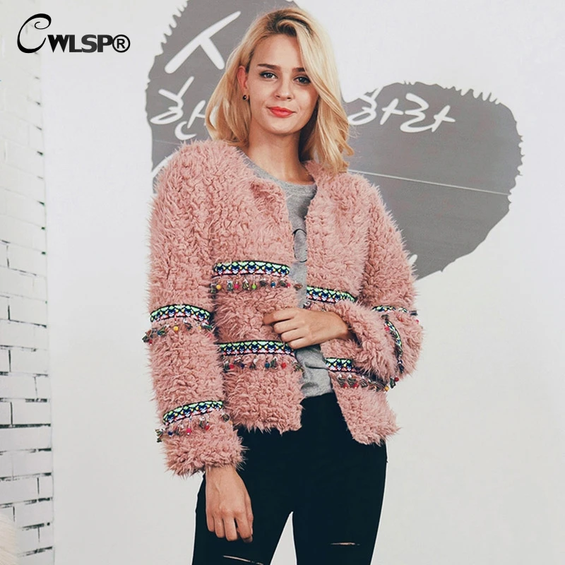 

CWLSP Winter Indie Folk Short Teddy Coat Patchwork Plush Jackets Female Fur Open Stitch Outwear Elegant Warm jaqueta feminina
