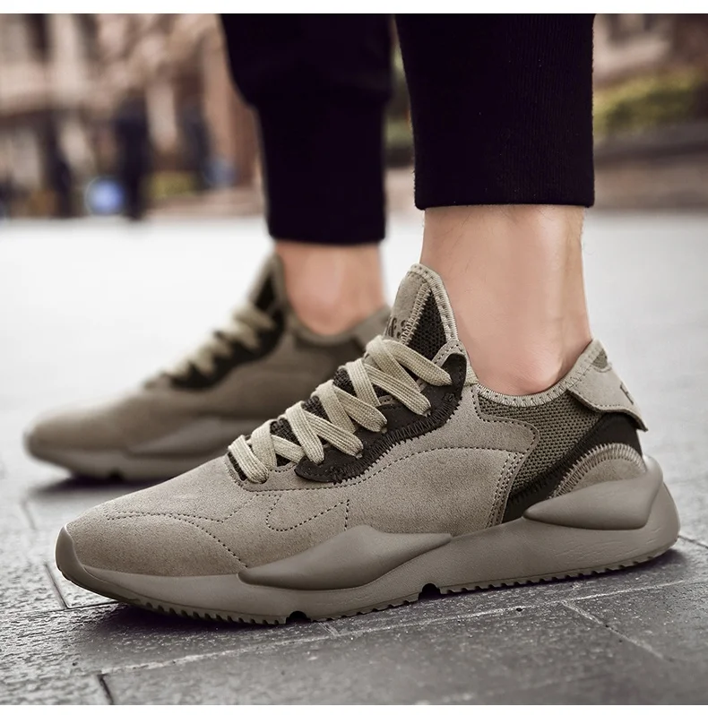 Stylish Color Scheme Men Sneakers Breathalbe Leather Running Shoes For Men Comfortable Khaki Traveling Walking Sport Shoes