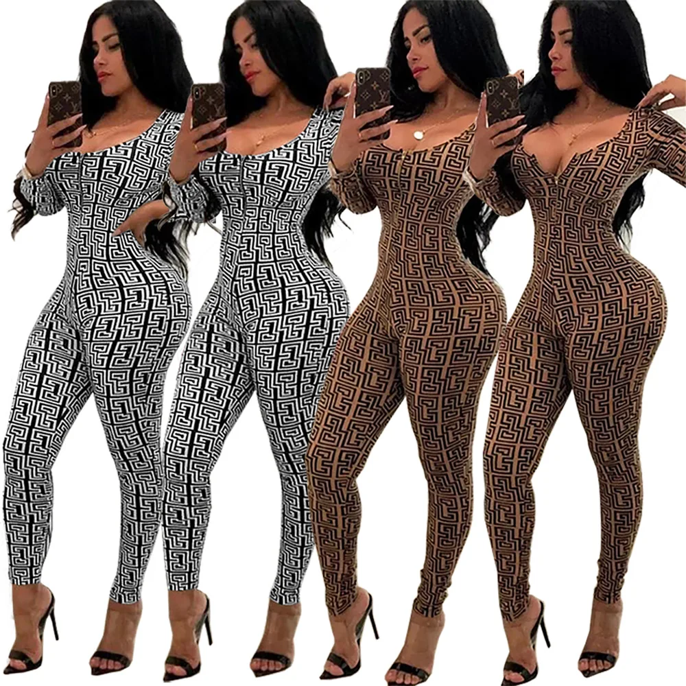 

2019 New Sexy O Neck Skinny Rompers Zippers Long Sleeve Print Womens Jumpsuit Streetwear Fashion Ladies Jumpsuits Overalls