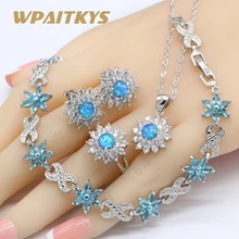 Синий опал 925 серебряные Свадебные Ювелирные наборы для женщин ожерелье кулон серьги кольца небесно-голубой кристалл браслеты