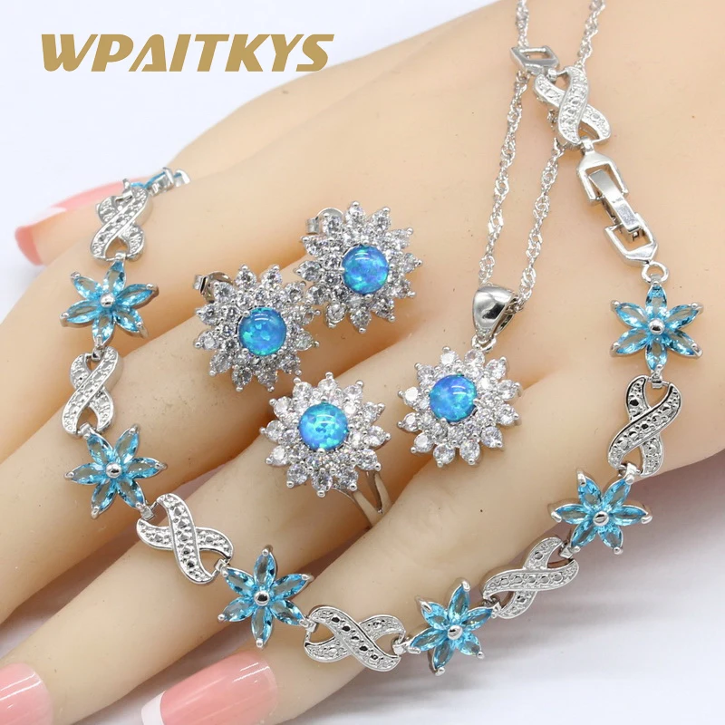 Blue Opal 925 Silver Bridal Jewelry Sets For Women