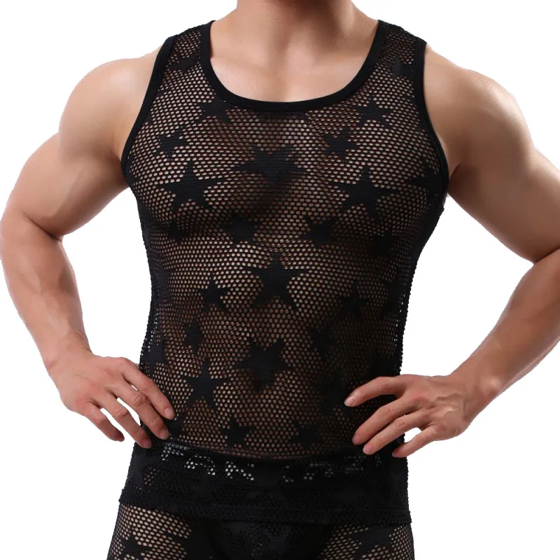 Men's Sexy Undershirt Tank Top Star Mesh Breathable Bodybuilding Home Tanks Mens Clothing Ropa Hombre(Tank Only - Цвет: black(Tank Only)