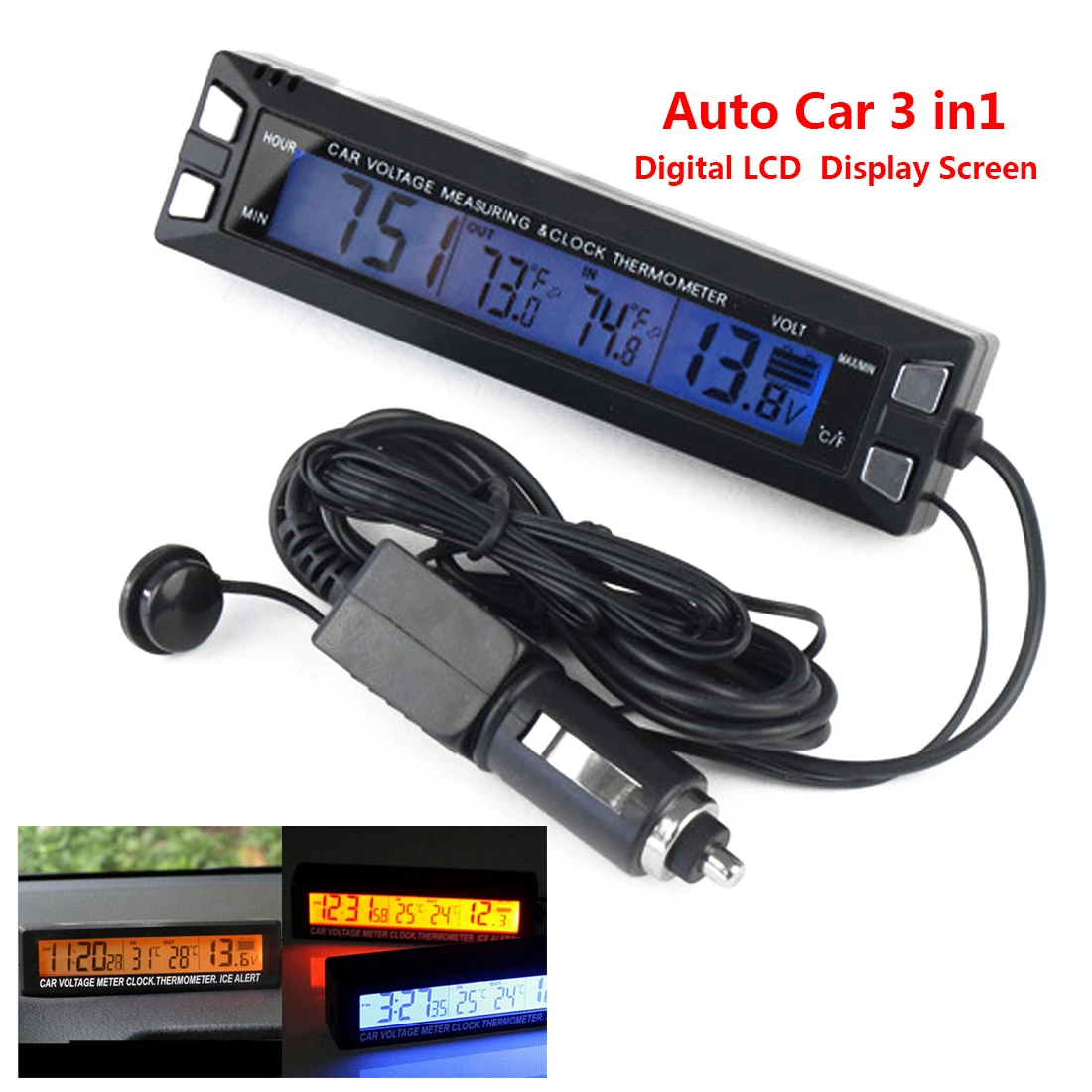 

LCD Digital Auto Car 3in1 Clock Thermometer Temperature Monitor Meter In/Out Screen Battery Voltage Clock