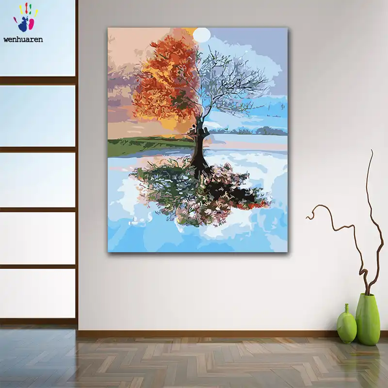 Pittura Da Colorare Fai Da Te Con Numeri Quattro Stagioni Albero Fiume Figure Astratte Dipinti Con Numeri Con Kit 40x50 Incorniciati Colora Per Numero Aliexpress