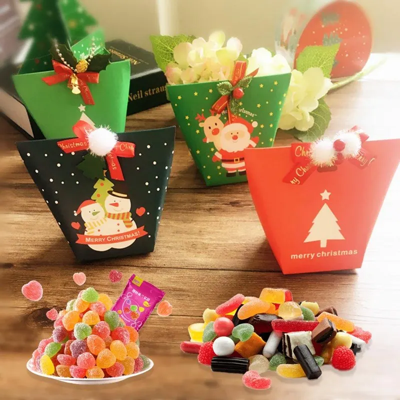

Christmas Paper Gift Candy Box Christmas Tree Cartoon Trapezoidal Bag Carrier Series Gift Packing Xmas Present Cookies Boxes